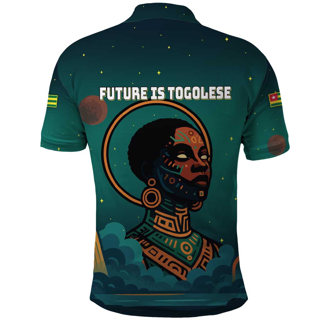 Togo Futuristic Afrocentric Woman Polo Shirt with Flag and Stars Design