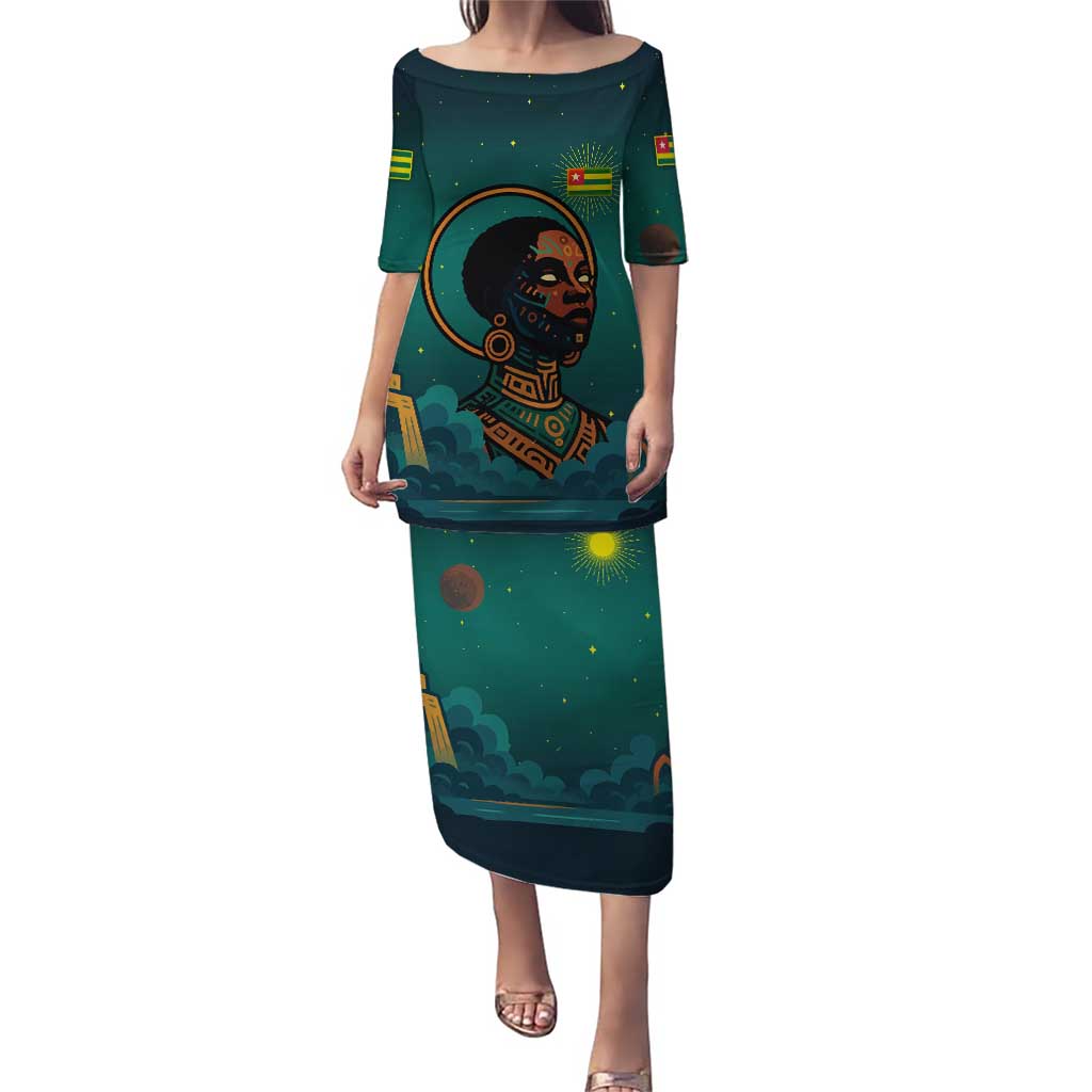 Togo Futuristic Afrocentric Woman Puletasi with Flag and Stars Design