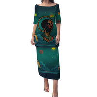 Togo Futuristic Afrocentric Woman Puletasi with Flag and Stars Design