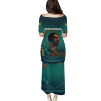 Togo Futuristic Afrocentric Woman Puletasi with Flag and Stars Design