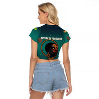Togo Futuristic Afrocentric Woman Raglan Cropped T Shirt with Flag and Stars Design