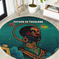 Togo Futuristic Afrocentric Woman Round Carpet with Flag and Stars Design