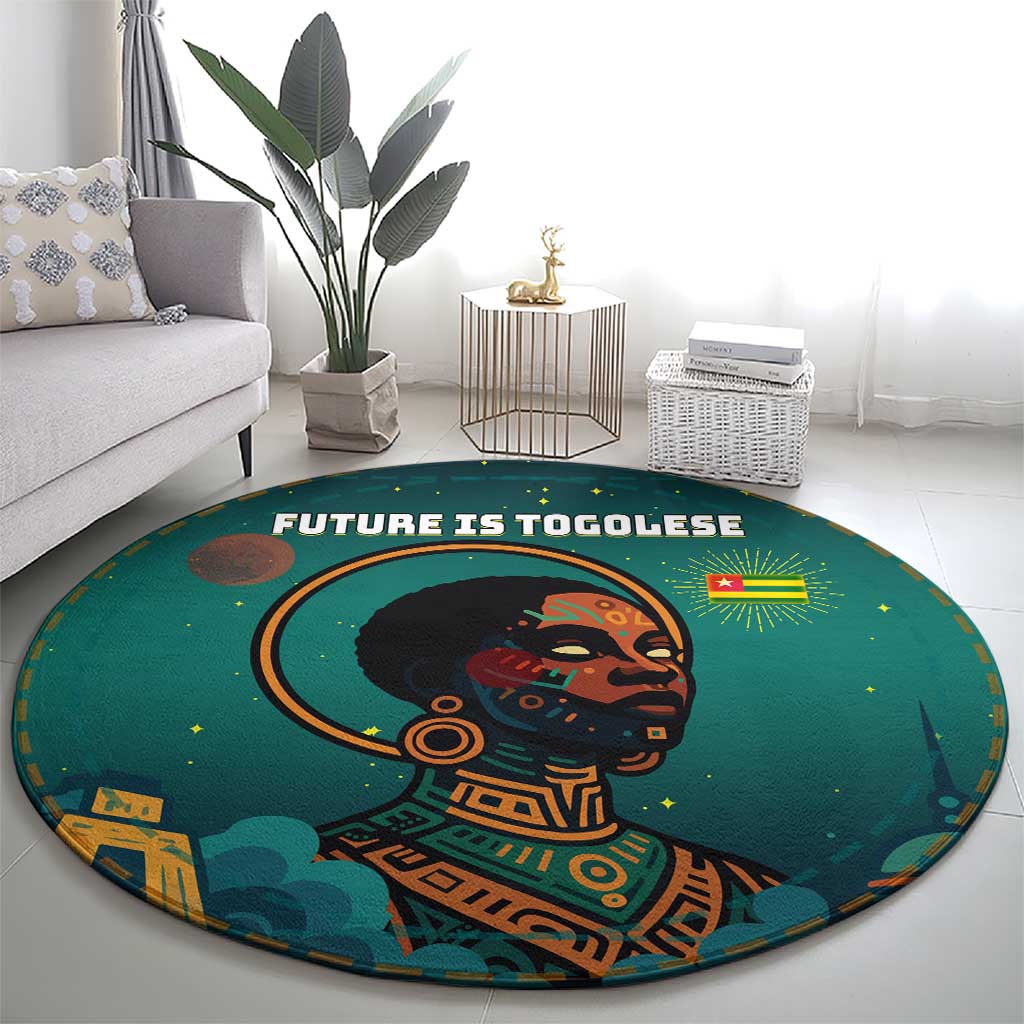 Togo Futuristic Afrocentric Woman Round Carpet with Flag and Stars Design