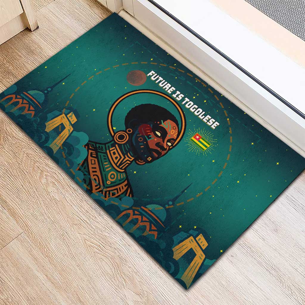 Togo Futuristic Afrocentric Woman Rubber Doormat with Flag and Stars Design