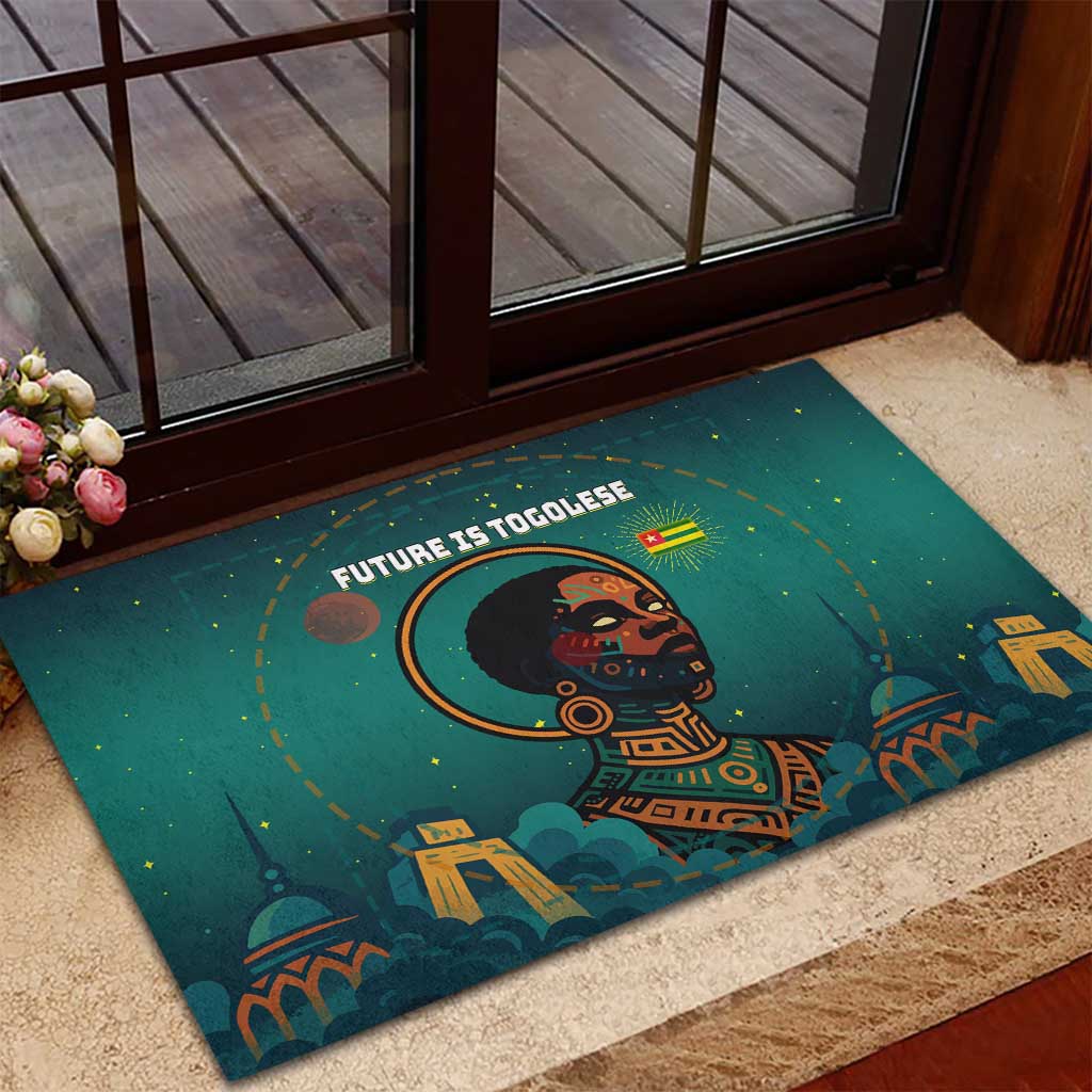 Togo Futuristic Afrocentric Woman Rubber Doormat with Flag and Stars Design