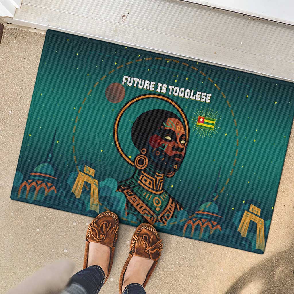 Togo Futuristic Afrocentric Woman Rubber Doormat with Flag and Stars Design