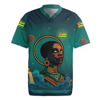 Togo Futuristic Afrocentric Woman Rugby Jersey with Flag and Stars Design