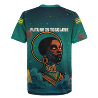 Togo Futuristic Afrocentric Woman Rugby Jersey with Flag and Stars Design