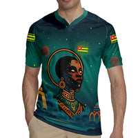 Togo Futuristic Afrocentric Woman Rugby Jersey with Flag and Stars Design