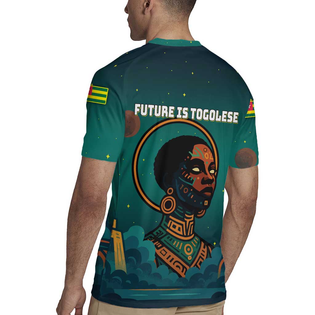 Togo Futuristic Afrocentric Woman Rugby Jersey with Flag and Stars Design