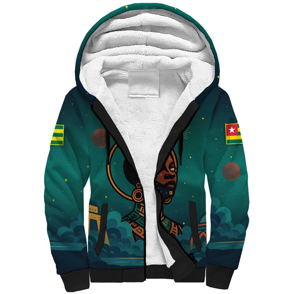 Togo Futuristic Afrocentric Woman Sherpa Hoodie with Flag and Stars Design