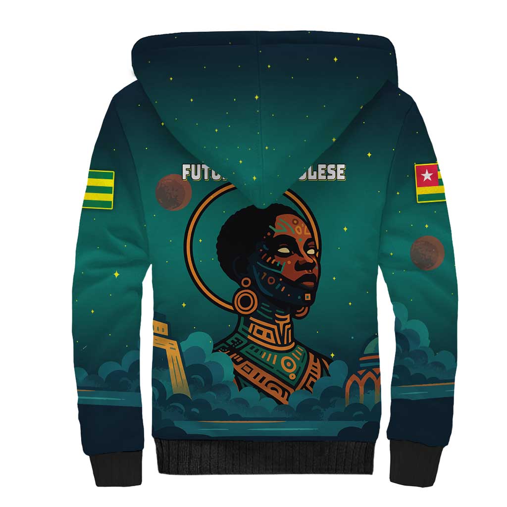 Togo Futuristic Afrocentric Woman Sherpa Hoodie with Flag and Stars Design