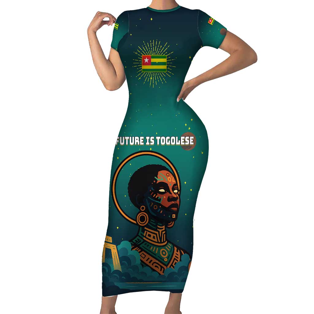 Togo Futuristic Afrocentric Woman Short Sleeve Bodycon Dress with Flag and Stars Design