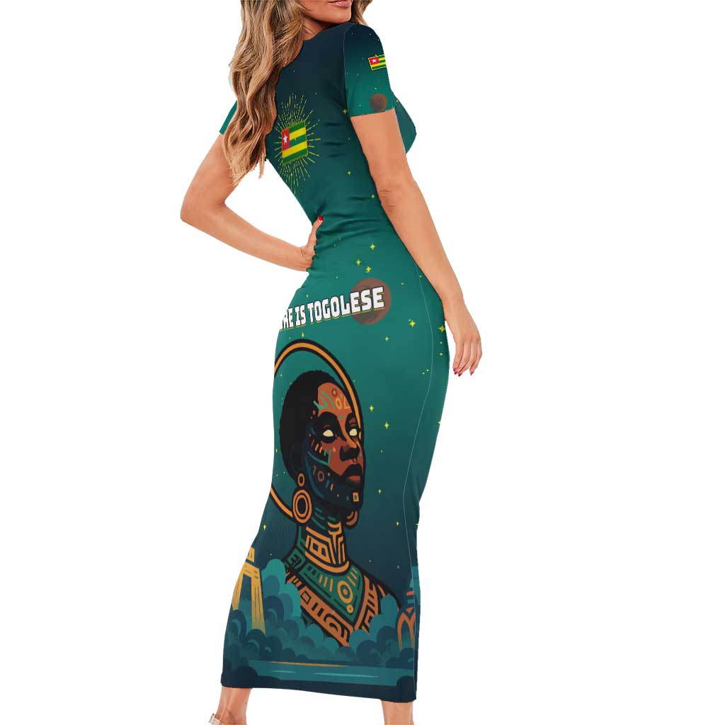 Togo Futuristic Afrocentric Woman Short Sleeve Bodycon Dress with Flag and Stars Design