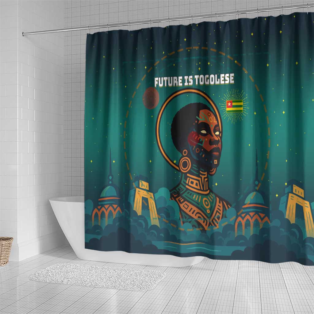 Togo Futuristic Afrocentric Woman Shower Curtain with Flag and Stars Design