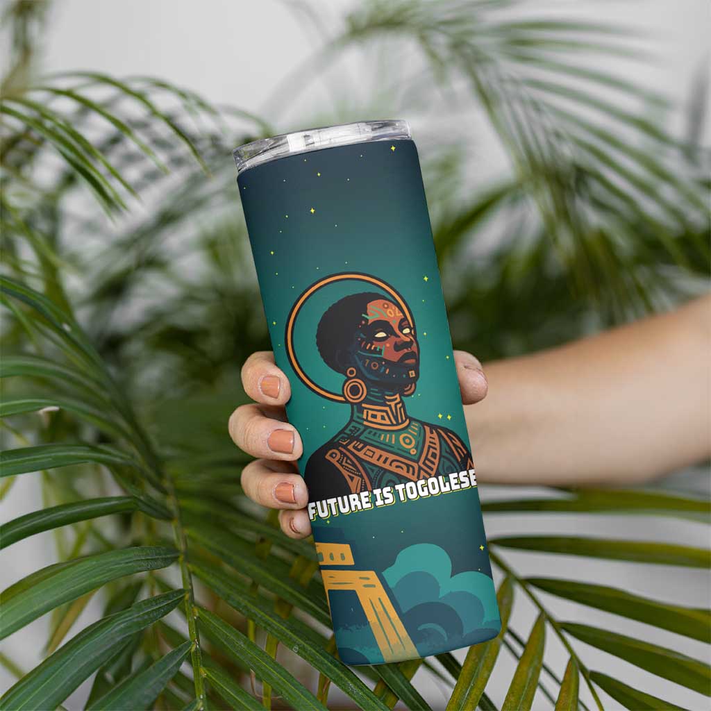 Togo Futuristic Afrocentric Woman Skinny Tumbler with Flag and Stars Design