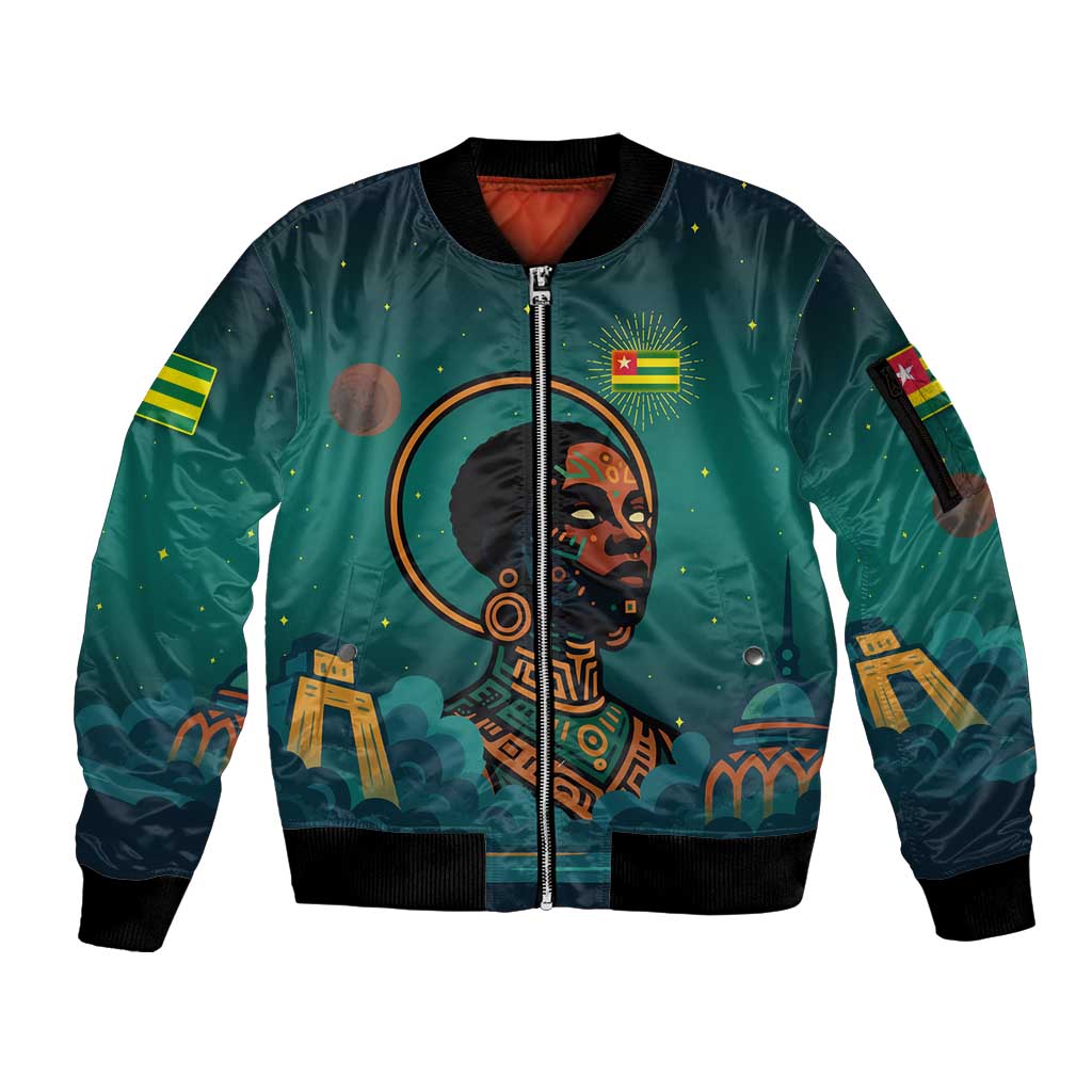Togo Futuristic Afrocentric Woman Sleeve Zip Bomber Jacket with Flag and Stars Design