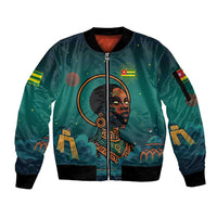 Togo Futuristic Afrocentric Woman Sleeve Zip Bomber Jacket with Flag and Stars Design