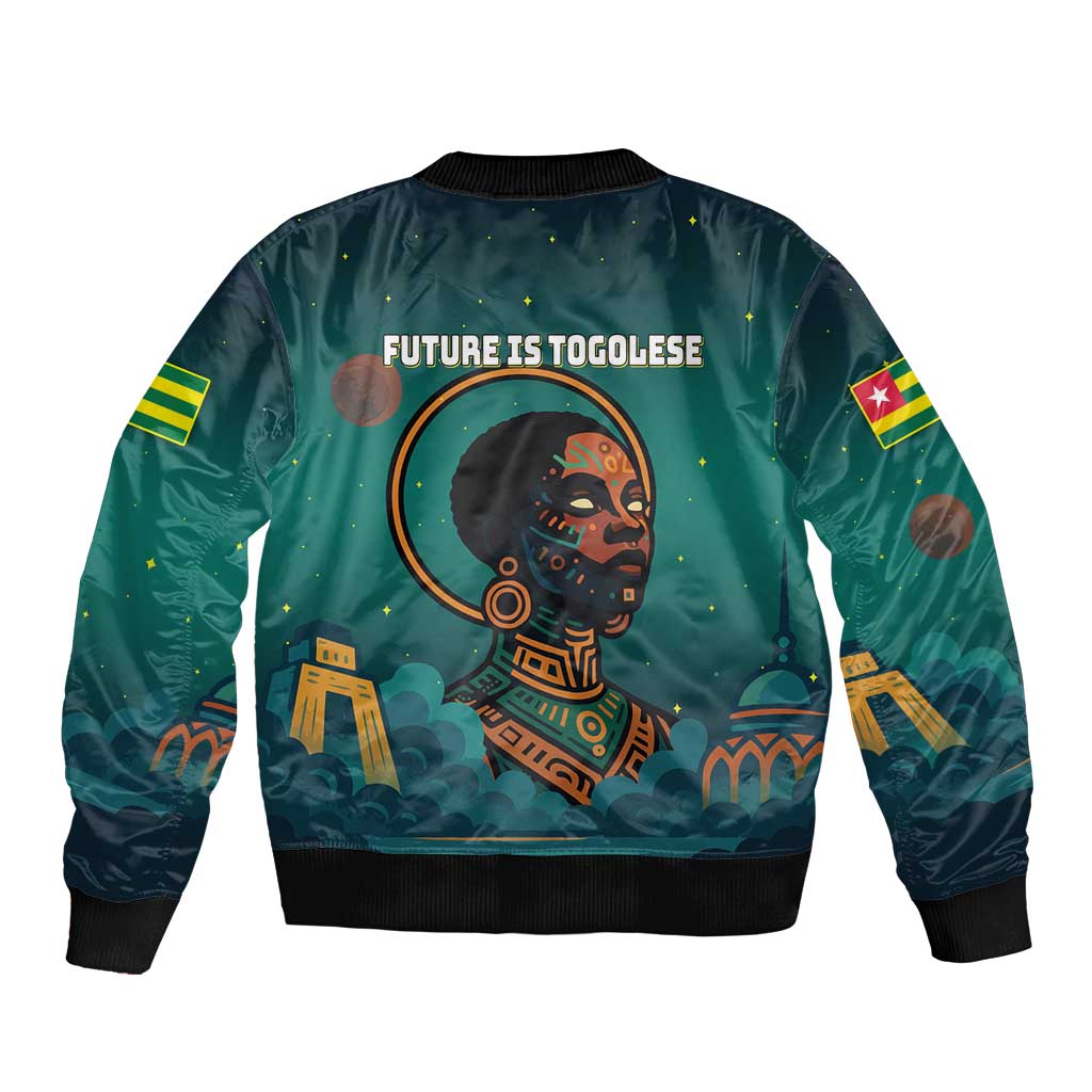 Togo Futuristic Afrocentric Woman Sleeve Zip Bomber Jacket with Flag and Stars Design