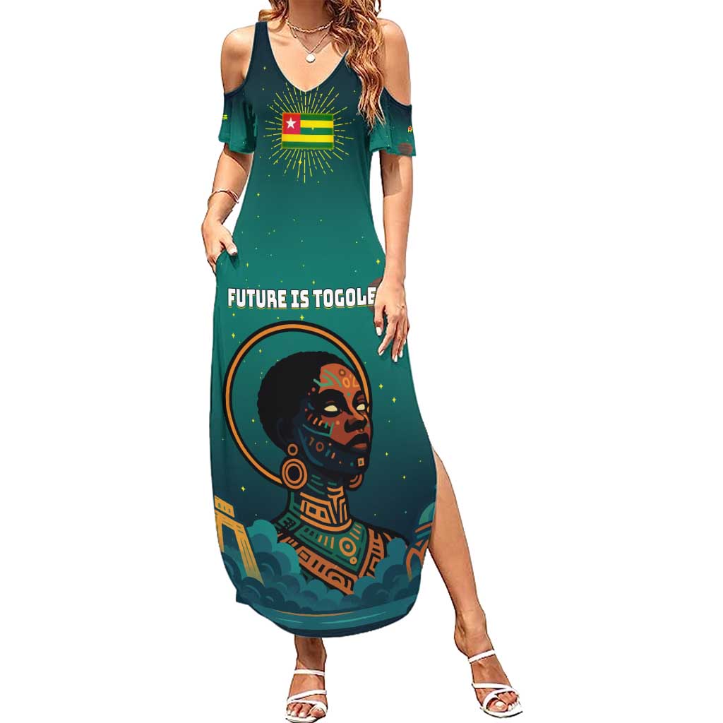 Togo Futuristic Afrocentric Woman Summer Maxi Dress with Flag and Stars Design