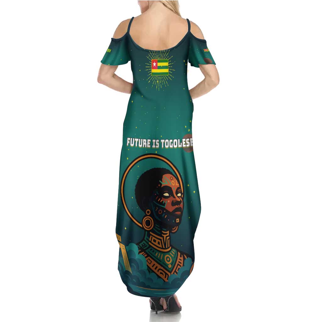 Togo Futuristic Afrocentric Woman Summer Maxi Dress with Flag and Stars Design