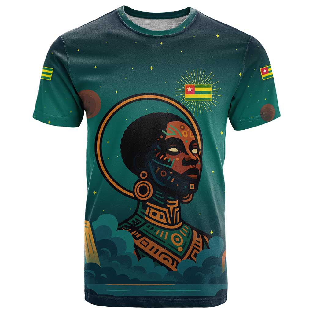 Togo Futuristic Afrocentric Woman T Shirt with Flag and Stars Design