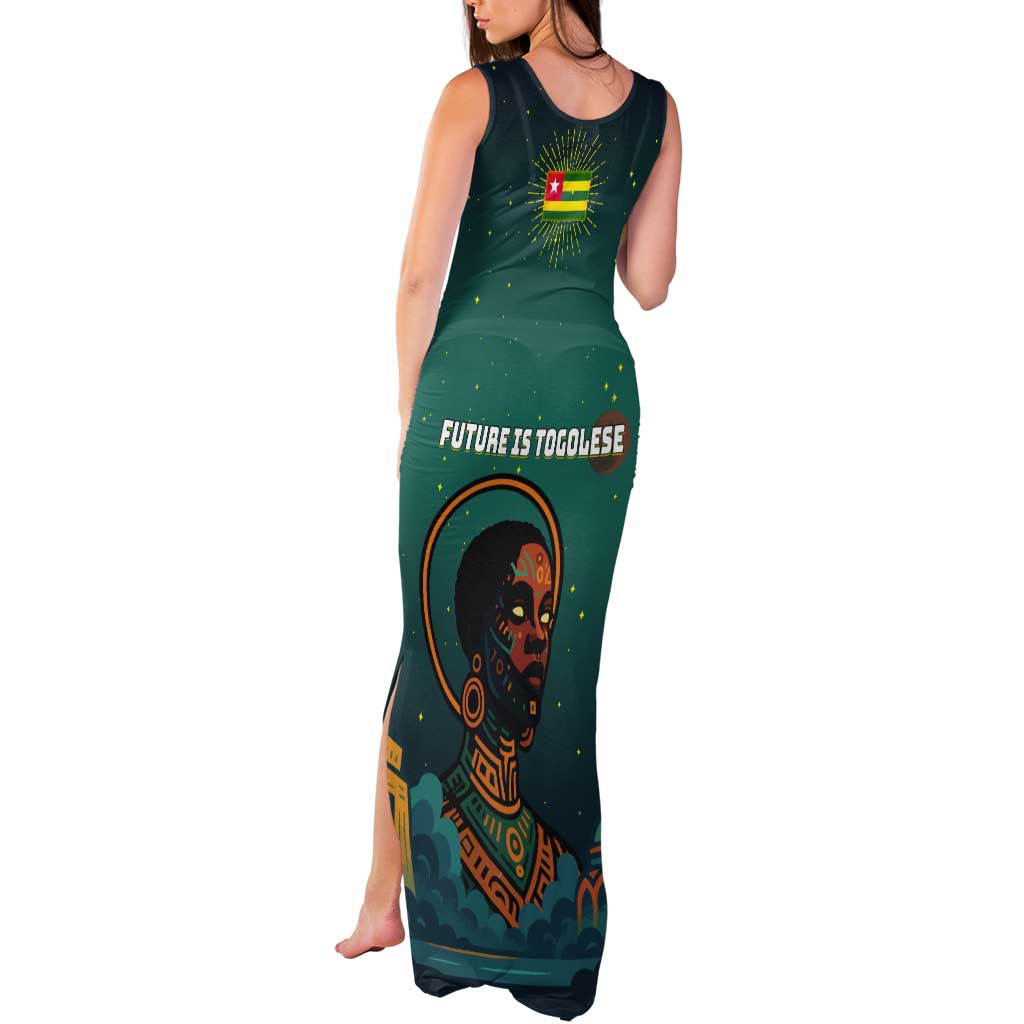 Togo Futuristic Afrocentric Woman Tank Maxi Dress with Flag and Stars Design