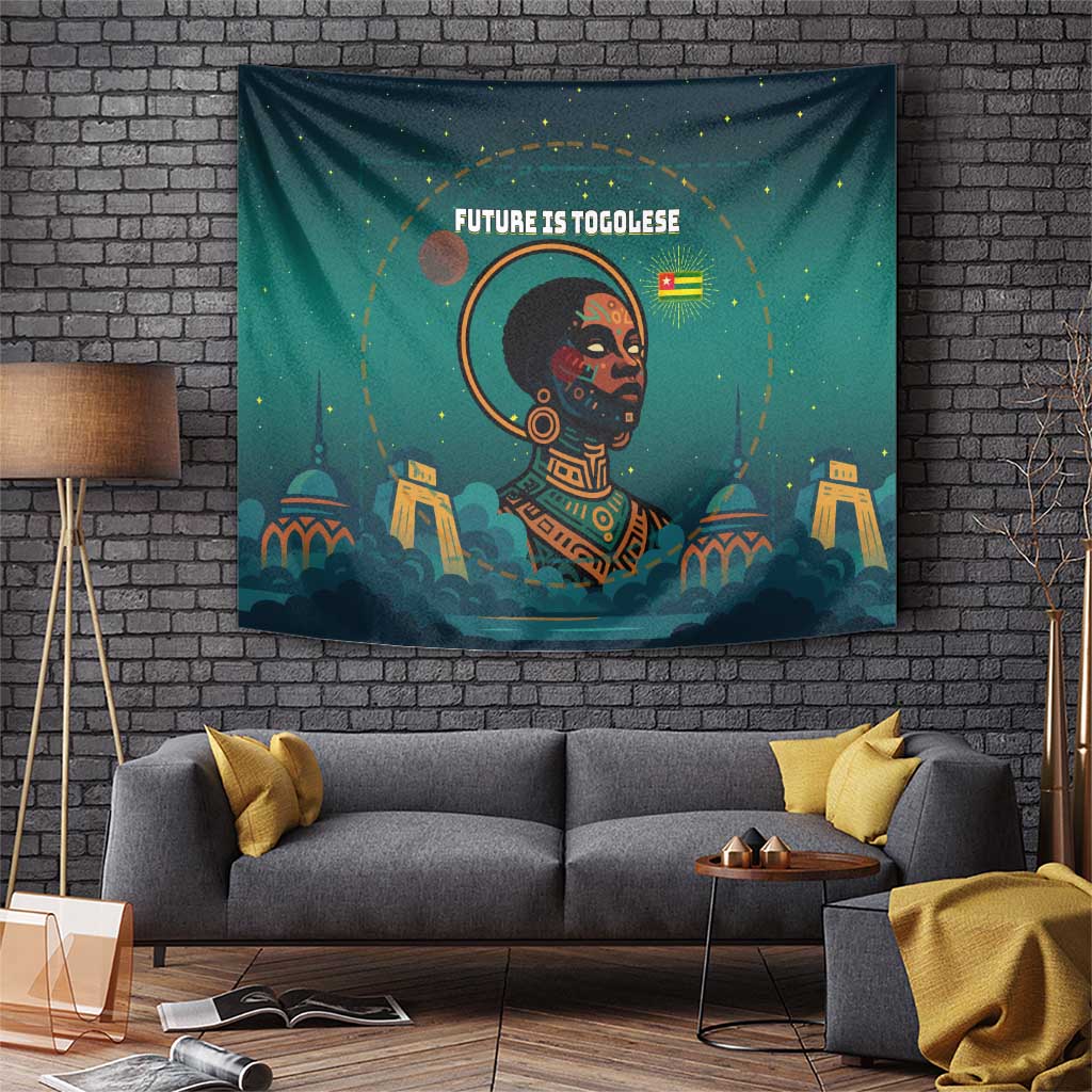 Togo Futuristic Afrocentric Woman Tapestry with Flag and Stars Design