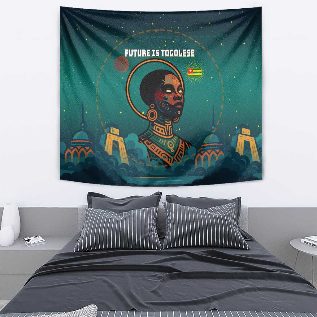 Togo Futuristic Afrocentric Woman Tapestry with Flag and Stars Design