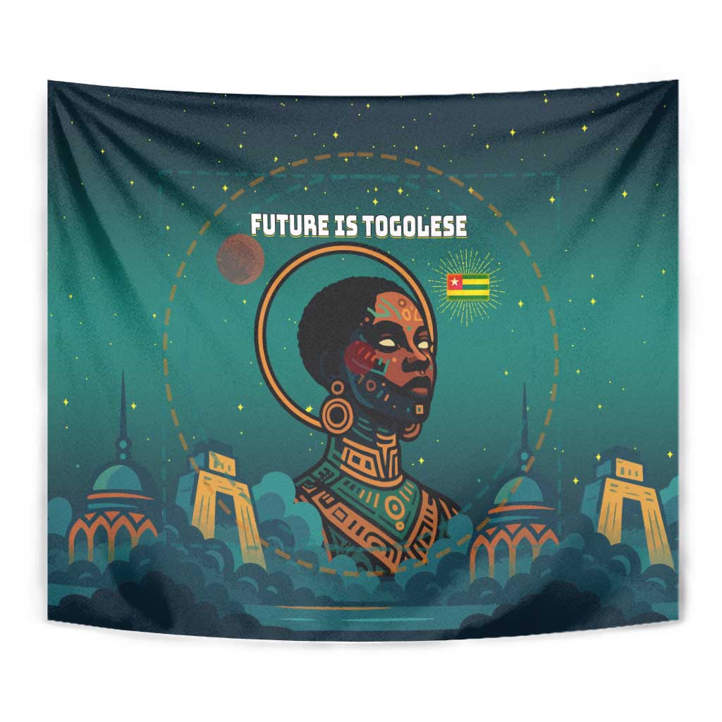 Togo Futuristic Afrocentric Woman Tapestry with Flag and Stars Design