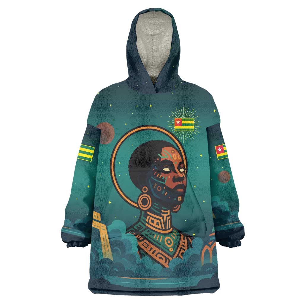 Togo Futuristic Afrocentric Woman Wearable Blanket Hoodie with Flag and Stars Design