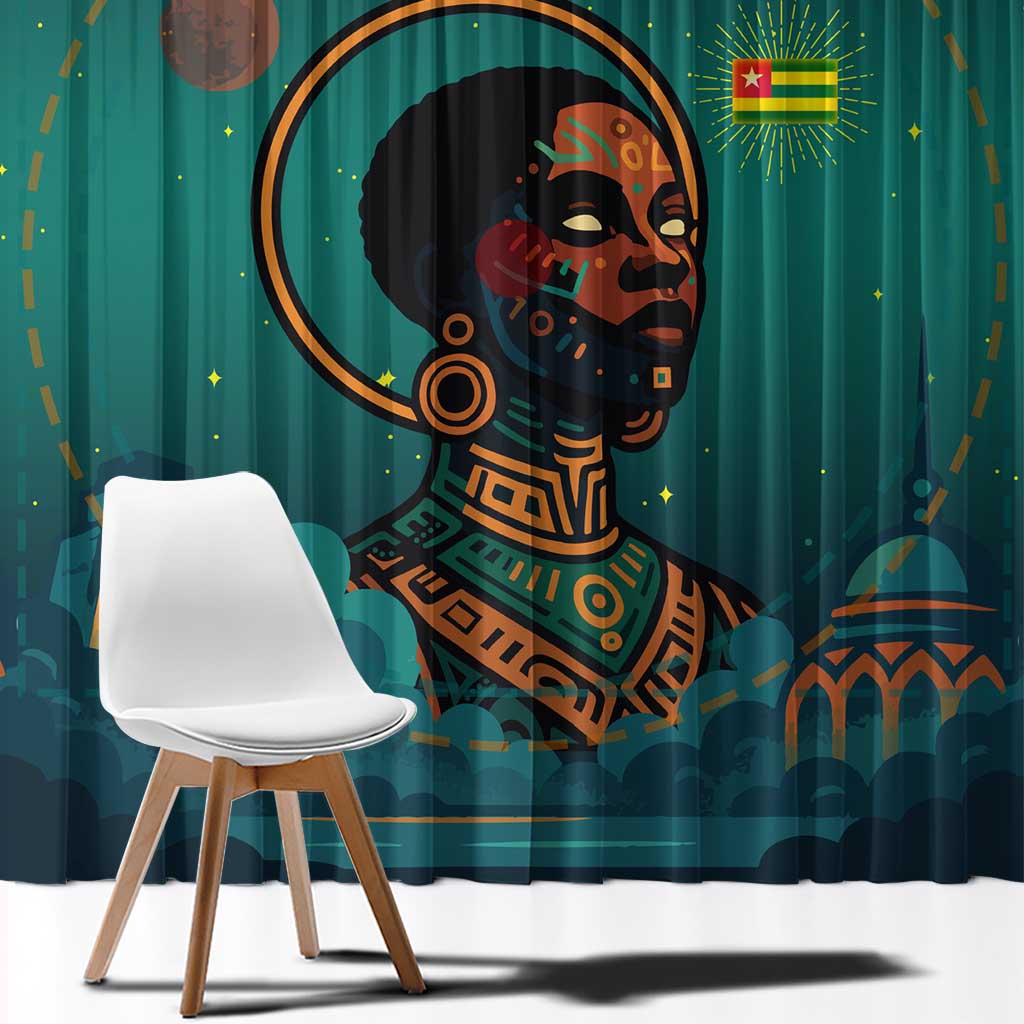 Togo Futuristic Afrocentric Woman Window Curtain with Flag and Stars Design