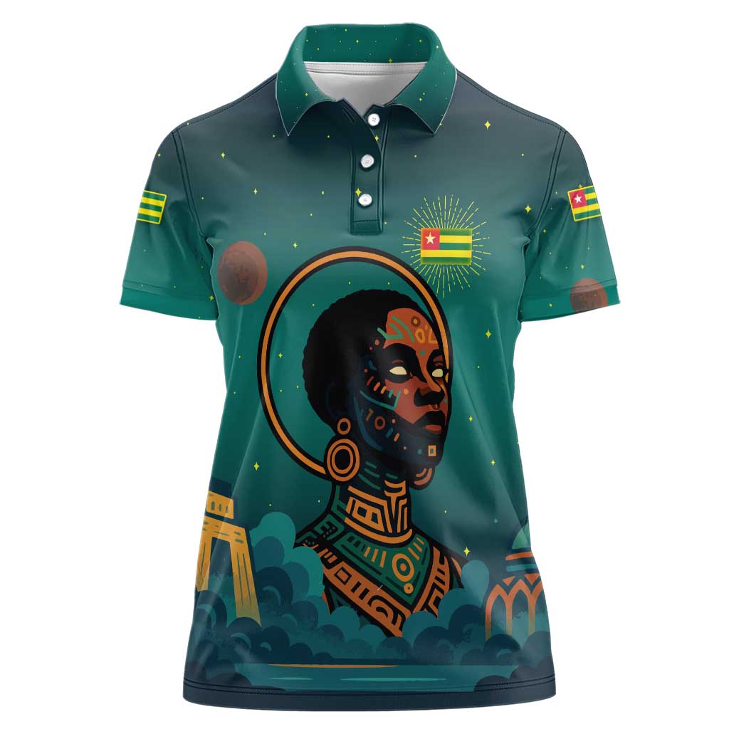 Togo Futuristic Afrocentric Woman Women Polo Shirt with Flag and Stars Design