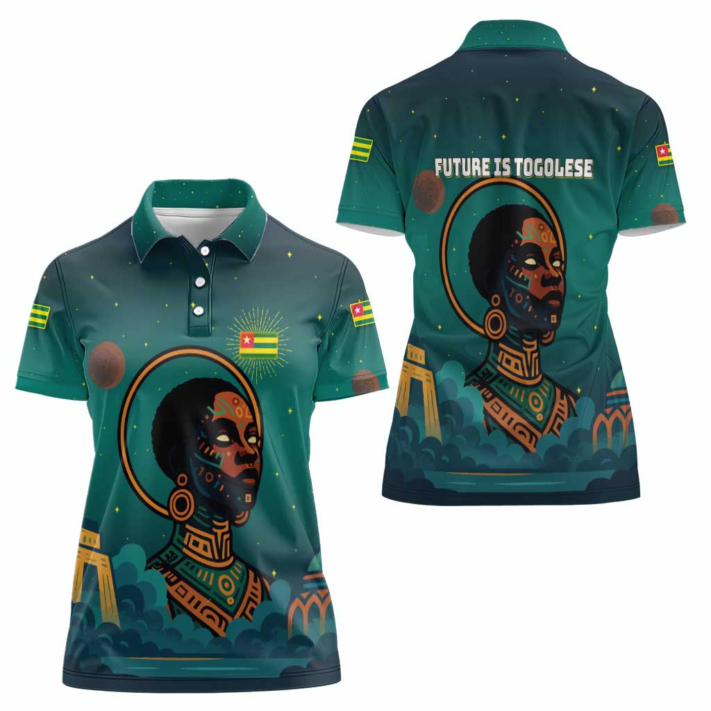 Togo Futuristic Afrocentric Woman Women Polo Shirt with Flag and Stars Design