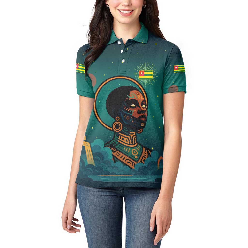 Togo Futuristic Afrocentric Woman Women Polo Shirt with Flag and Stars Design