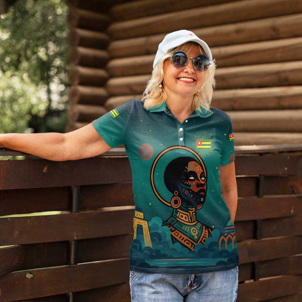 Togo Futuristic Afrocentric Woman Women Polo Shirt with Flag and Stars Design