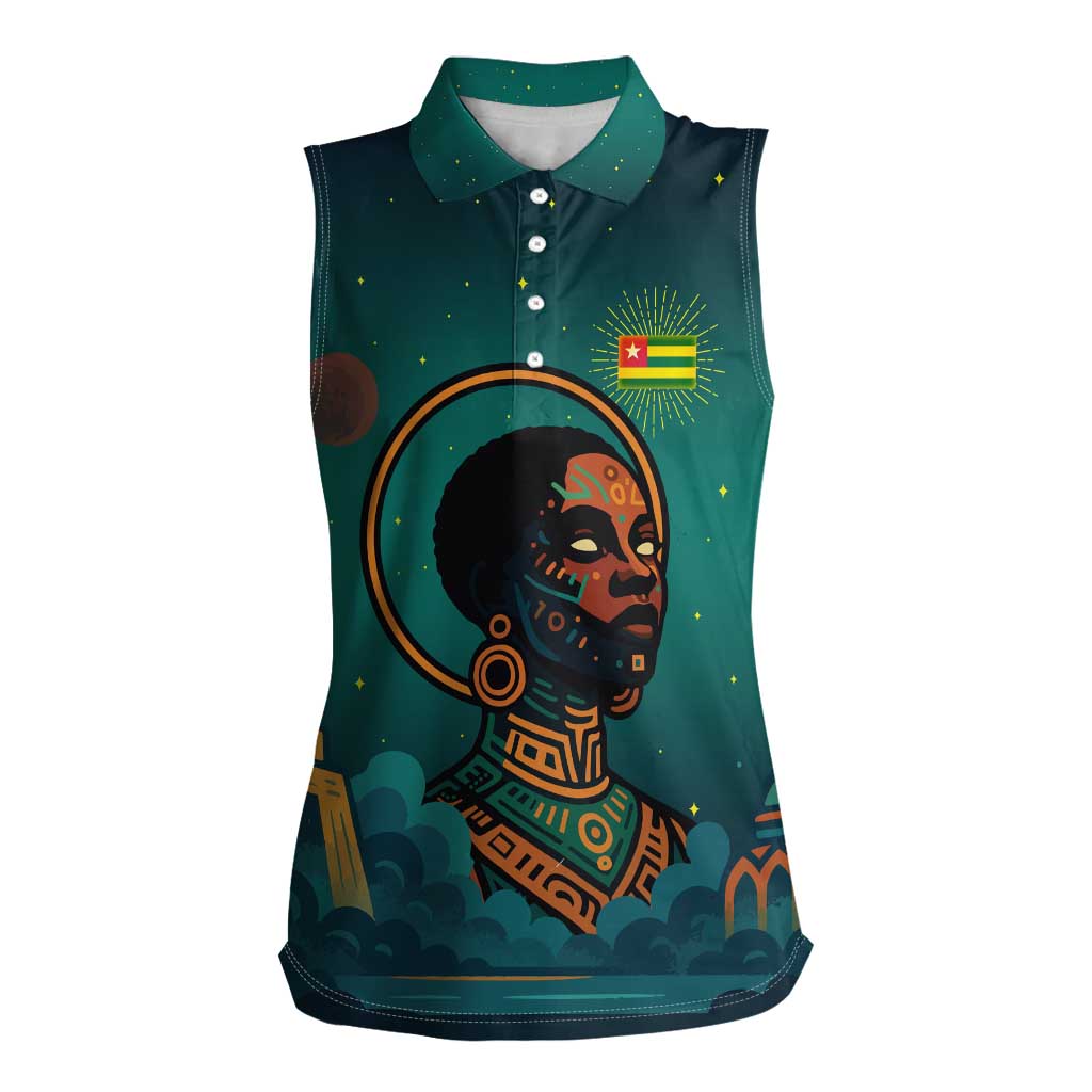 Togo Futuristic Afrocentric Woman Women Sleeveless Polo Shirt with Flag and Stars Design
