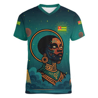Togo Futuristic Afrocentric Woman Women V-Neck T-Shirt with Flag and Stars Design