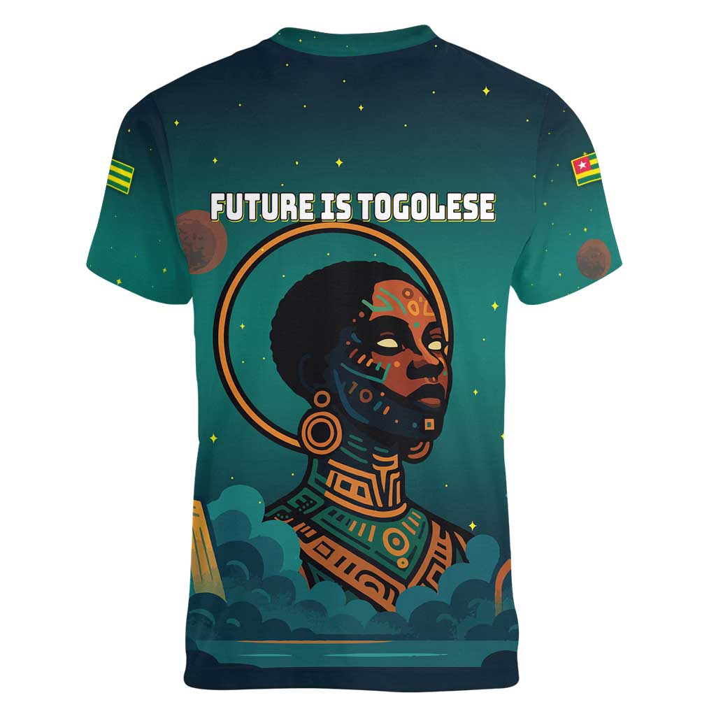 Togo Futuristic Afrocentric Woman Women V-Neck T-Shirt with Flag and Stars Design