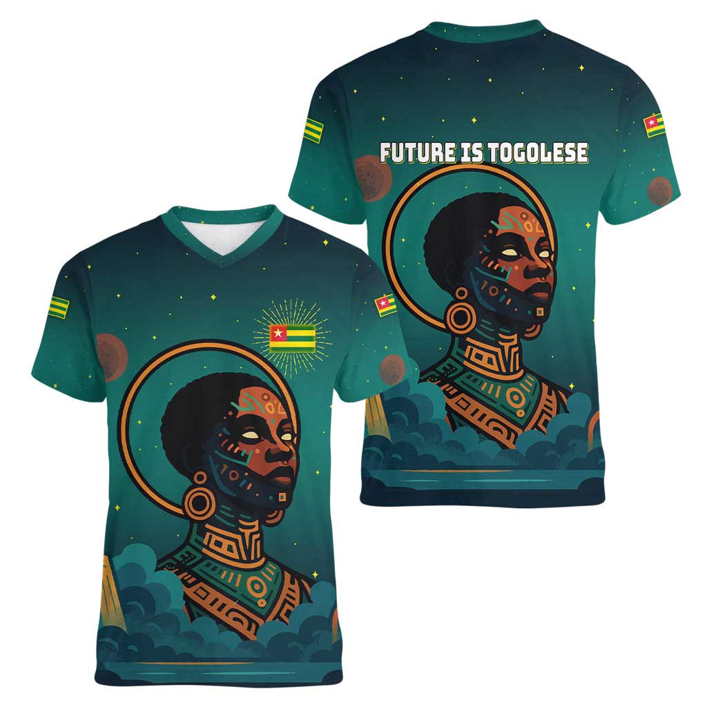 Togo Futuristic Afrocentric Woman Women V-Neck T-Shirt with Flag and Stars Design
