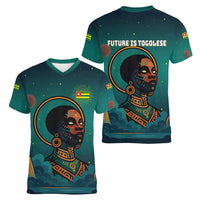 Togo Futuristic Afrocentric Woman Women V-Neck T-Shirt with Flag and Stars Design