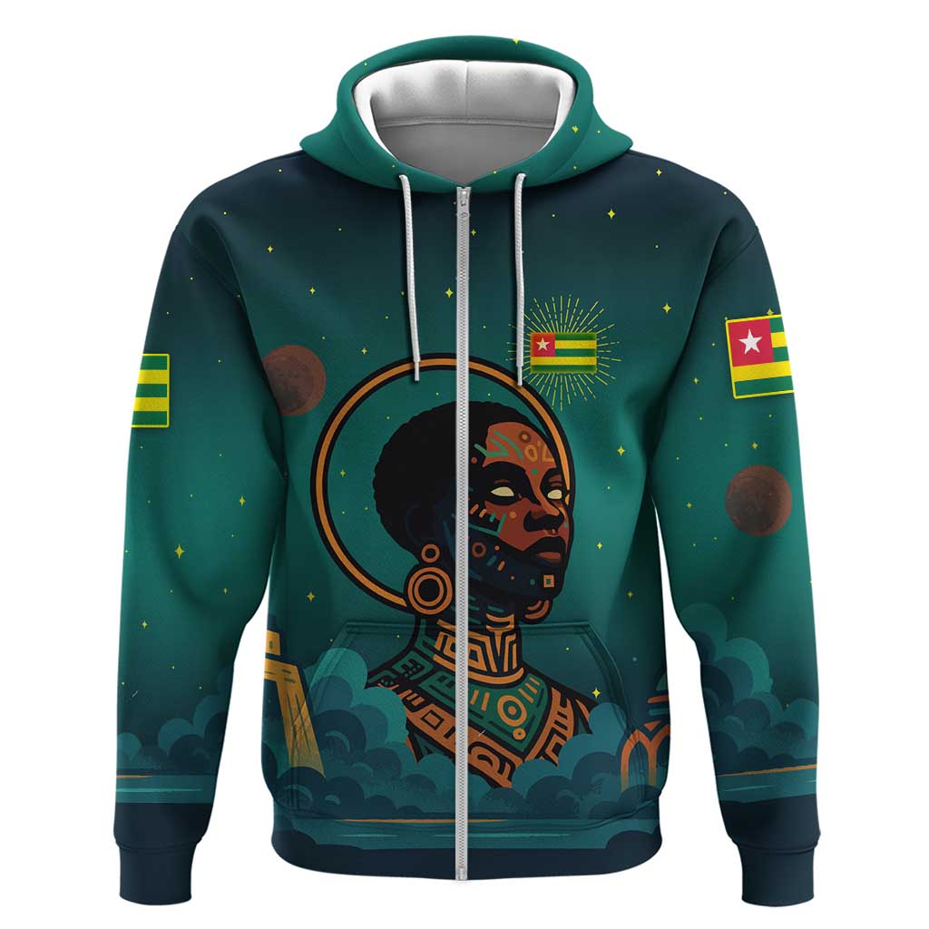 Togo Futuristic Afrocentric Woman Zip Hoodie with Flag and Stars Design