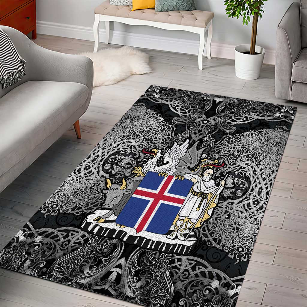 Icelandic Coat of Arms Area Rug Viking Knotwork and National Flag Design