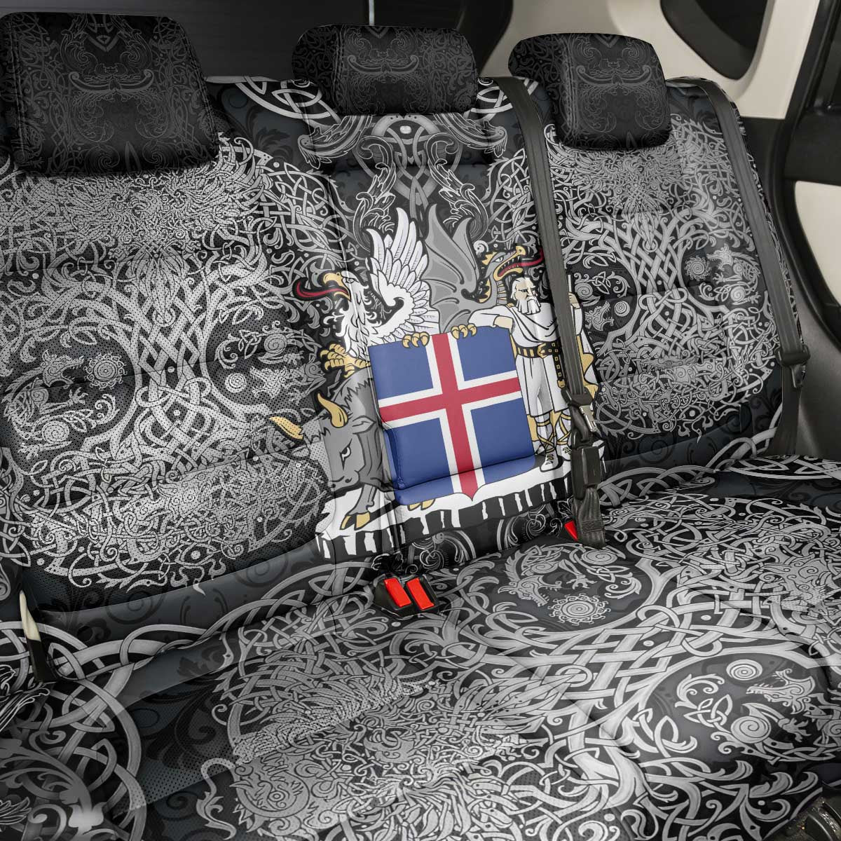 Icelandic Coat of Arms Back Car Seat Cover Viking Knotwork and National Flag Design