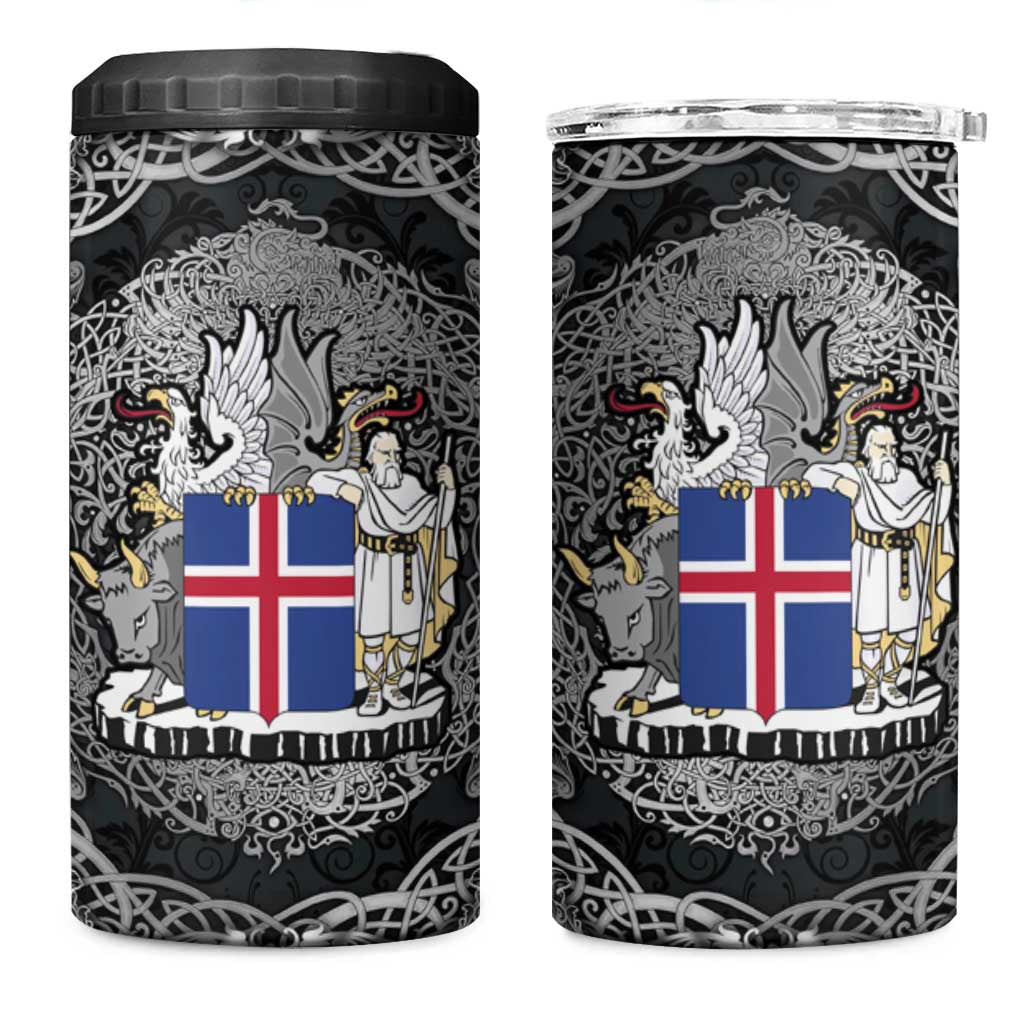 Icelandic Coat of Arms 4 in 1 Can Cooler Tumbler Viking Knotwork and National Flag Design
