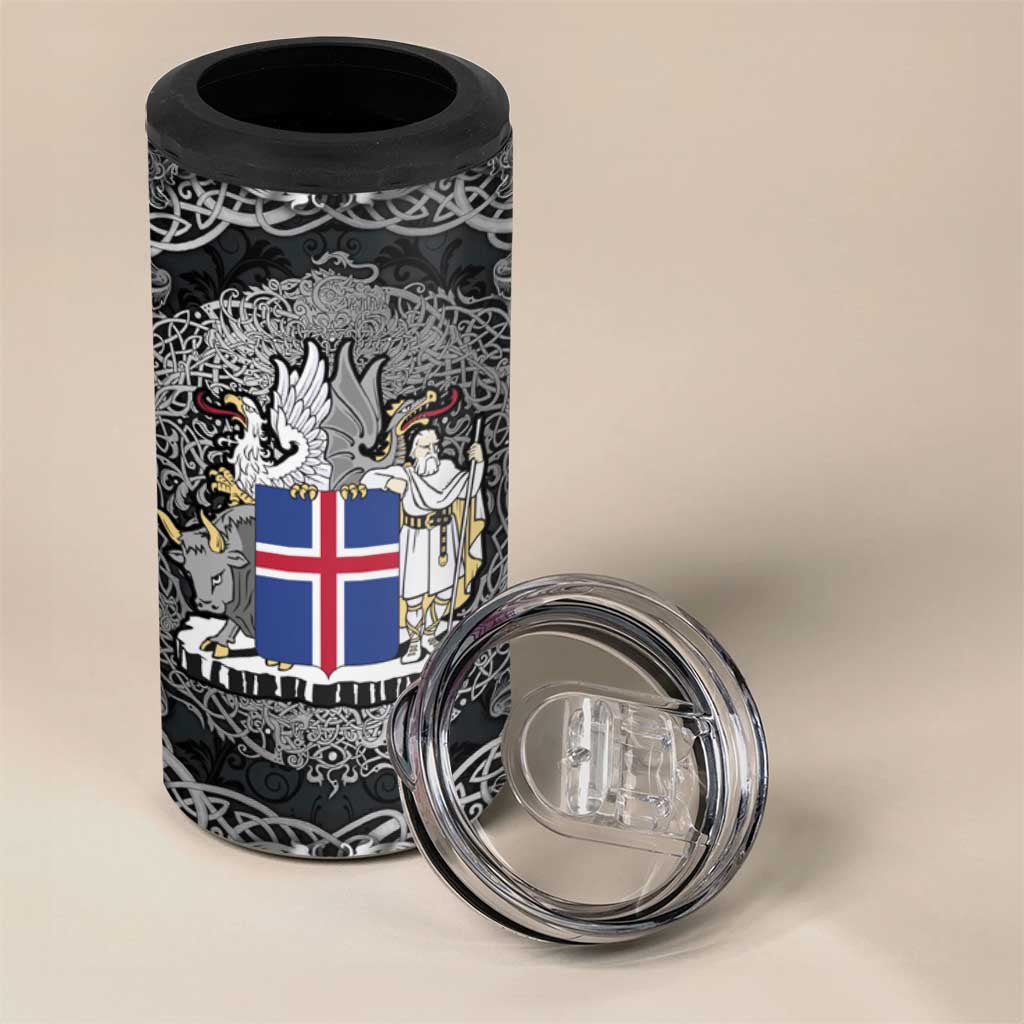 Icelandic Coat of Arms 4 in 1 Can Cooler Tumbler Viking Knotwork and National Flag Design