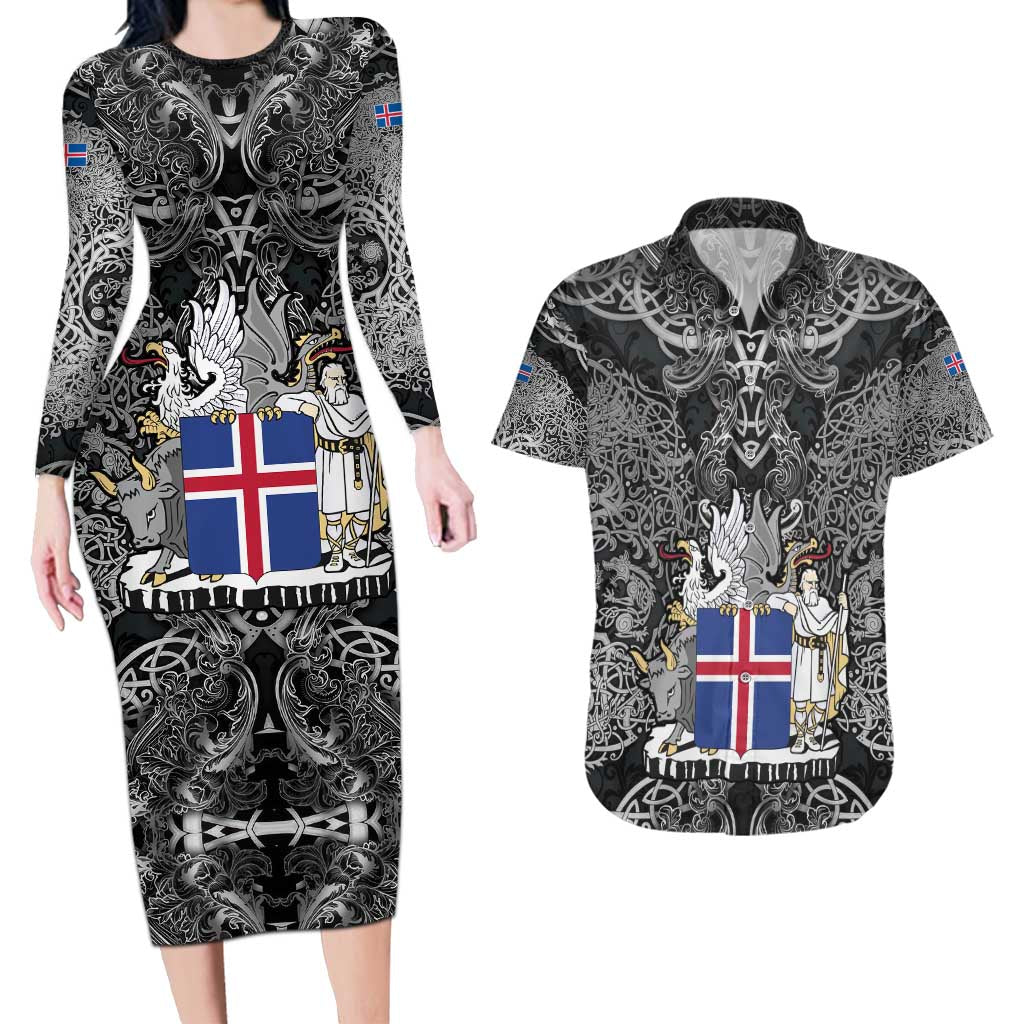 Icelandic Coat of Arms Couples Matching Long Sleeve Bodycon Dress and Hawaiian Shirt Viking Knotwork and National Flag Design