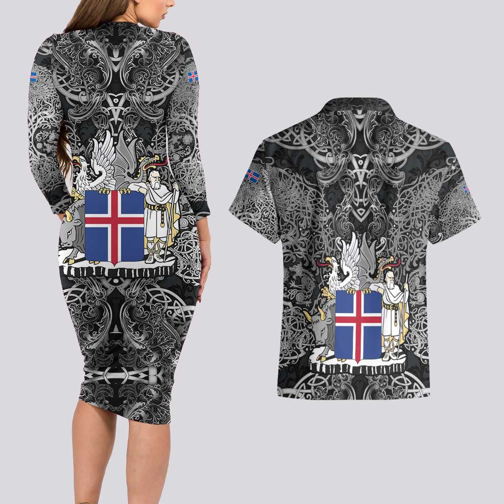 Icelandic Coat of Arms Couples Matching Long Sleeve Bodycon Dress and Hawaiian Shirt Viking Knotwork and National Flag Design