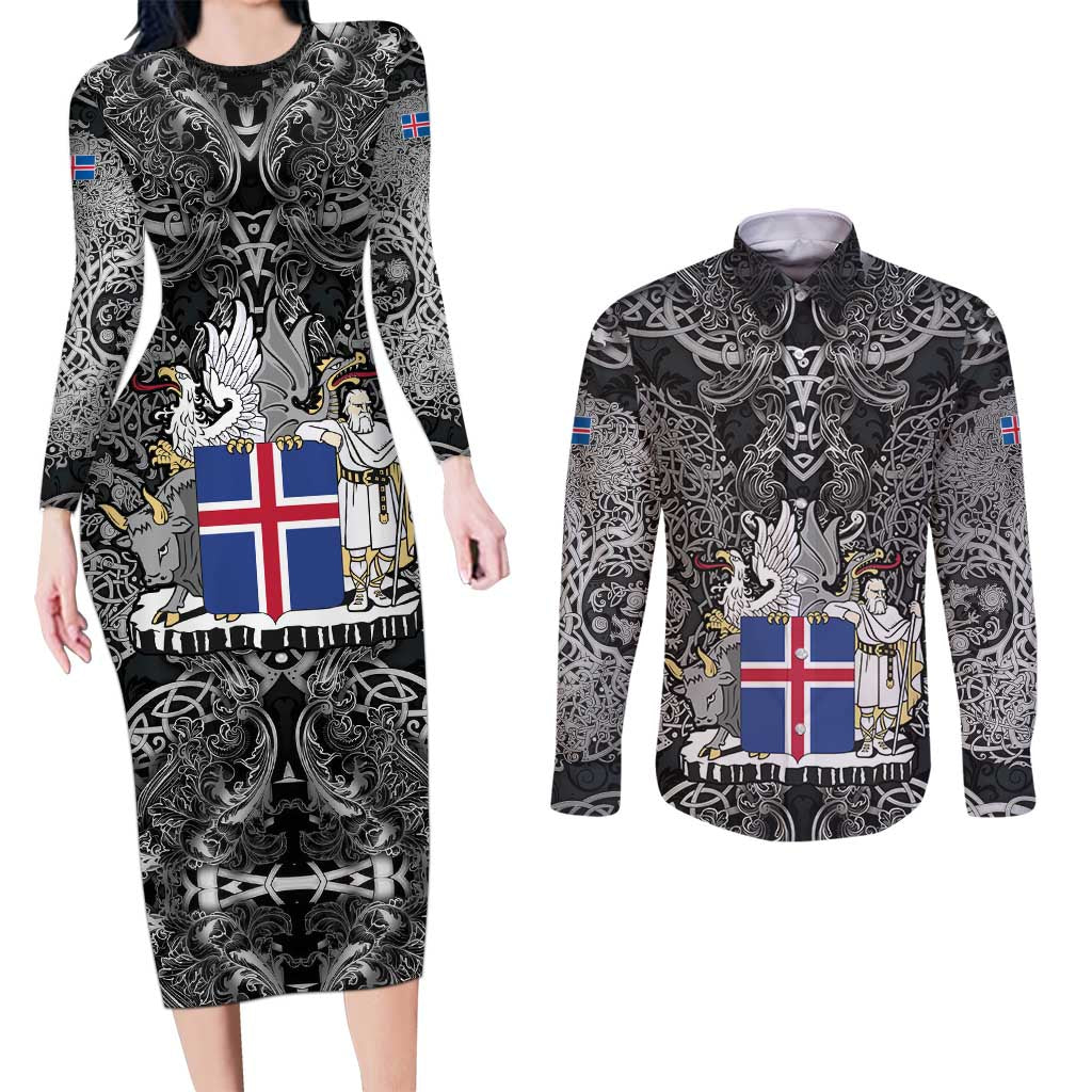 Icelandic Coat of Arms Couples Matching Long Sleeve Bodycon Dress and Long Sleeve Button Shirt Viking Knotwork and National Flag Design