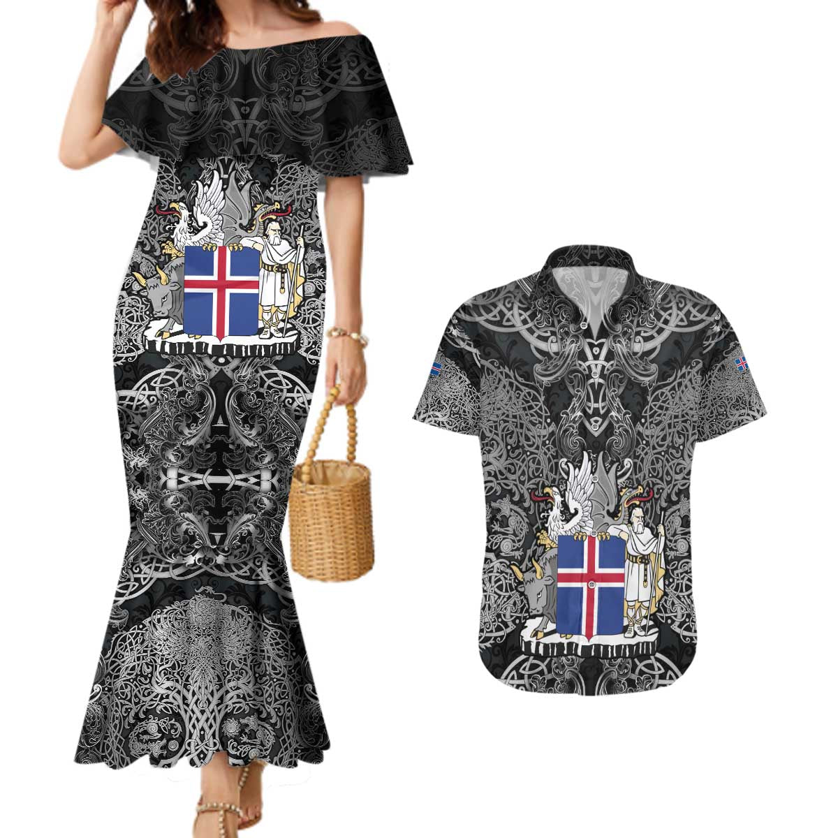 Icelandic Coat of Arms Couples Matching Mermaid Dress and Hawaiian Shirt Viking Knotwork and National Flag Design